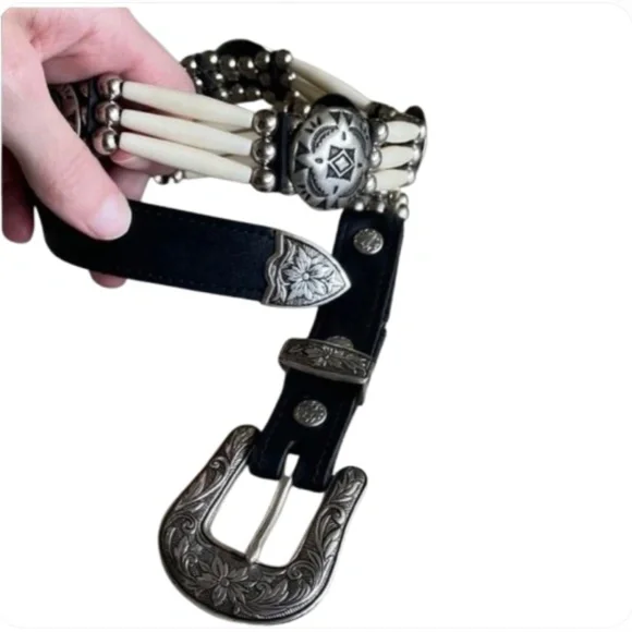 Concho Real leather Western Style Black Cream Belt Silver faux bone festival - Picture 1 of 16